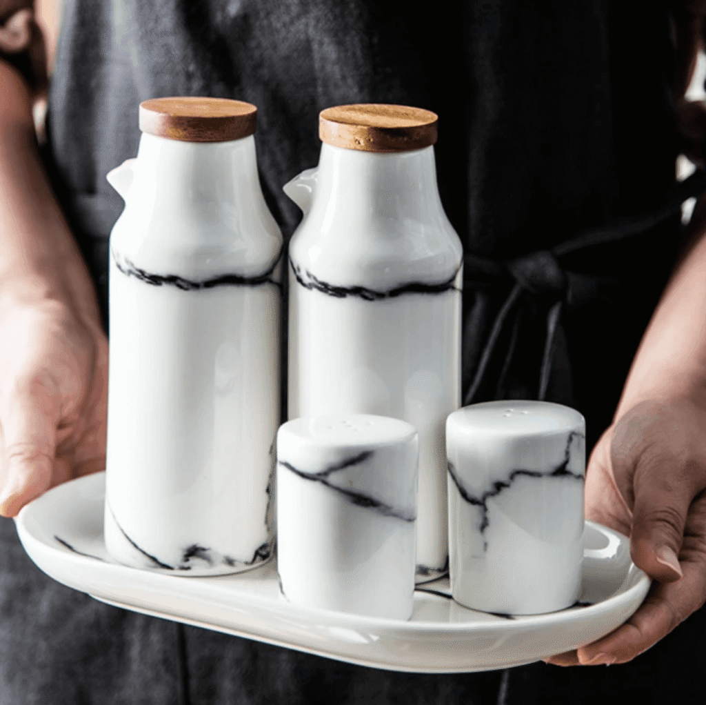 Set of 4 Ceramic Salt Pepper Oil Bottle Set
