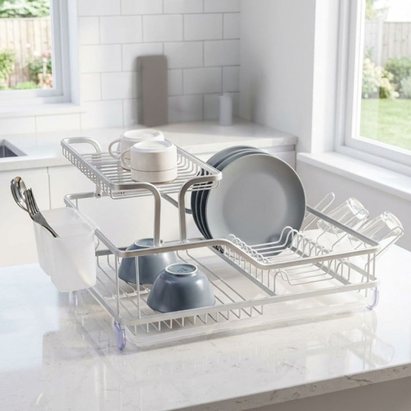 Plate Rack Aluminium Rustproof Dish Rack with Drain Board & Utensil Holder - Image 3