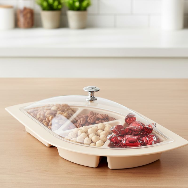 Dry Fruit Tray Dish 4 Partition Leaf Design with Clear Dome Cover - Image 2