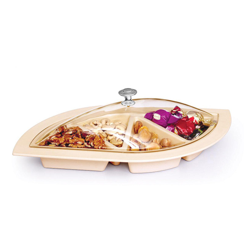 Dry Fruit Tray Dish 4 Partition Leaf Design with Clear Dome Cover - Image 3